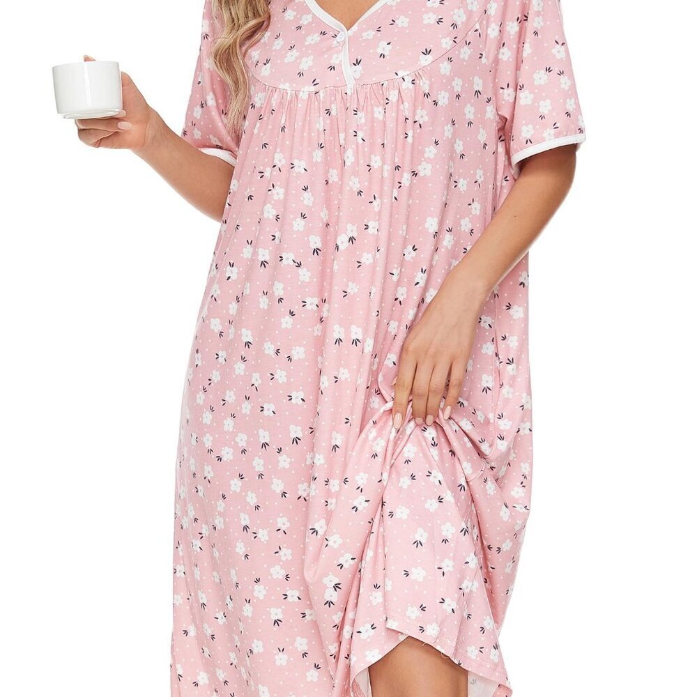 Soft Cotton Nightgown with Pockets, Short Sleeve Sleepwear for Women - Picture 1 of 8